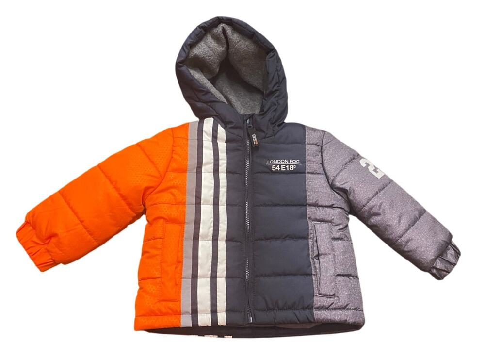 London Fog Baby Boys 12M Puffer Jacket Hooded Orange Gray Reflective Fleece Coat